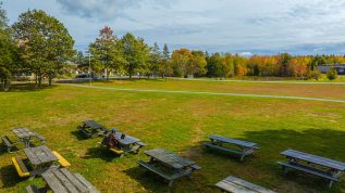 Open yard with green grass. Picnic tables are set up and trees are in the background